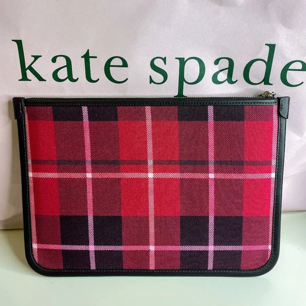 Kate Spade Ella Classic Plaid Burnt Rose Large Zip Pouch Clutch - Picture 2 of 3